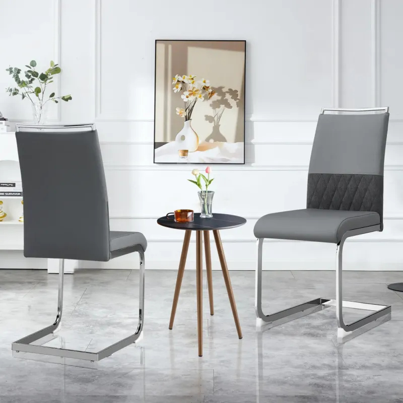 Set of 2 Modern Grey Dining Chairs with Faux Leather and Linen Upholstery