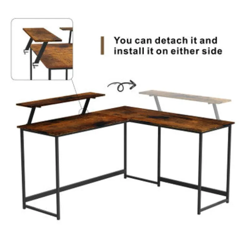 L-Shaped Corner Computer Desk - Black Metal Frame Workstation