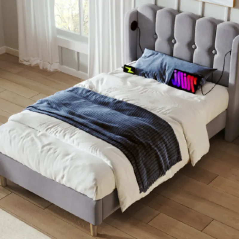 3ft Single Grey Linen Upholstered Bed Frame with USB & Type-C Charging