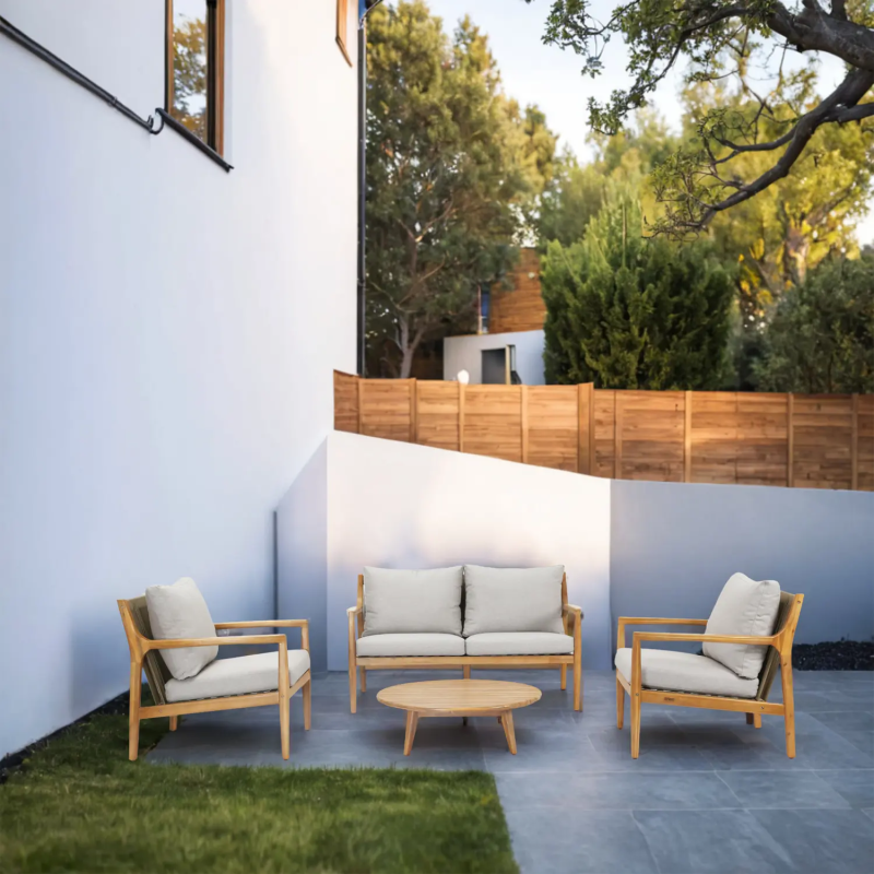 Solara 5-Piece Solid Wood Outdoor Lounge Set with Rope Detail and Stone Grey Cushions