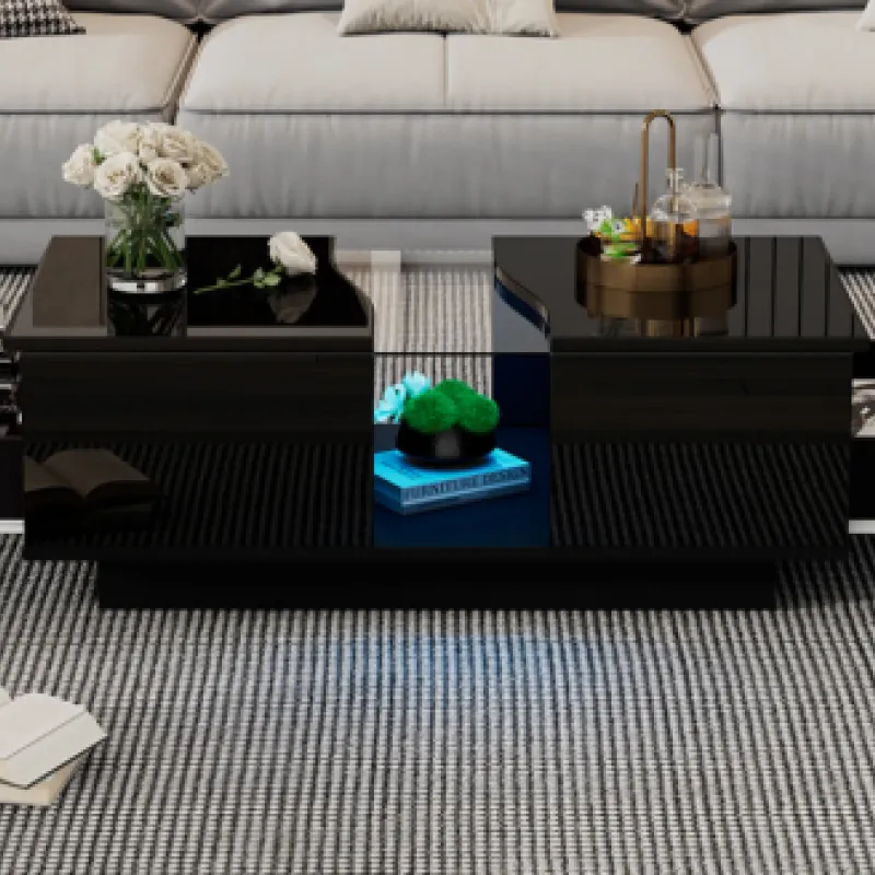 Black High Gloss LED Coffee Table with 2 Storage Drawers