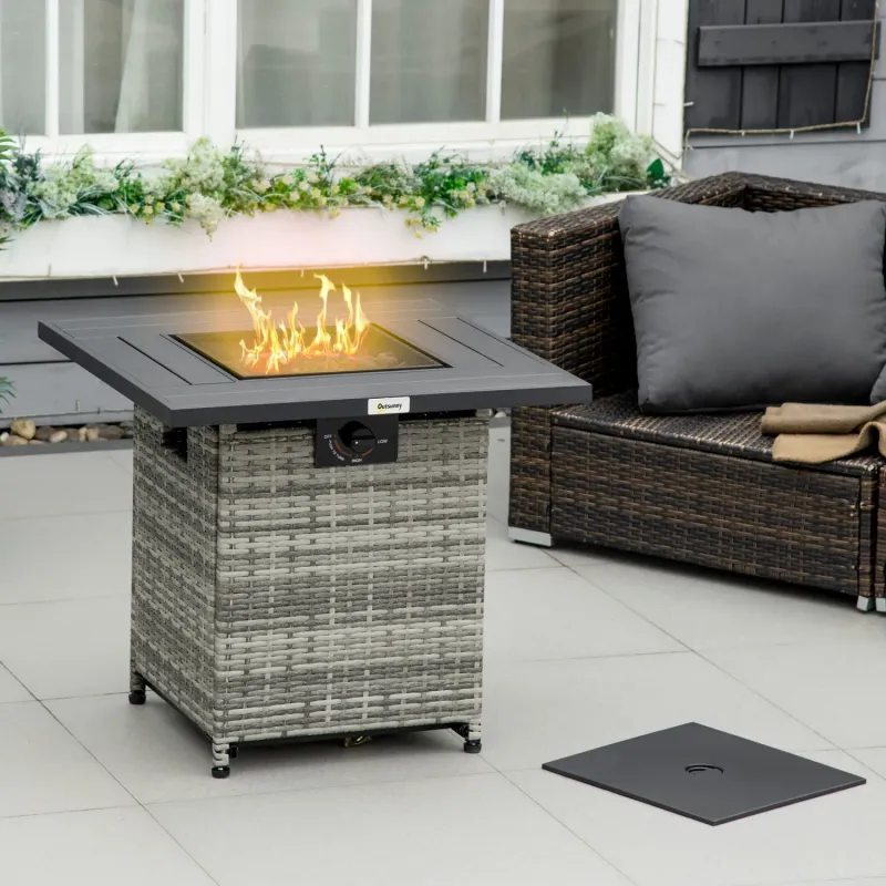  Square PE Rattan Gas Fire Pit Table with 40,000 BTU Burner, Lava Stones and Rain Cover - Mixed Grey