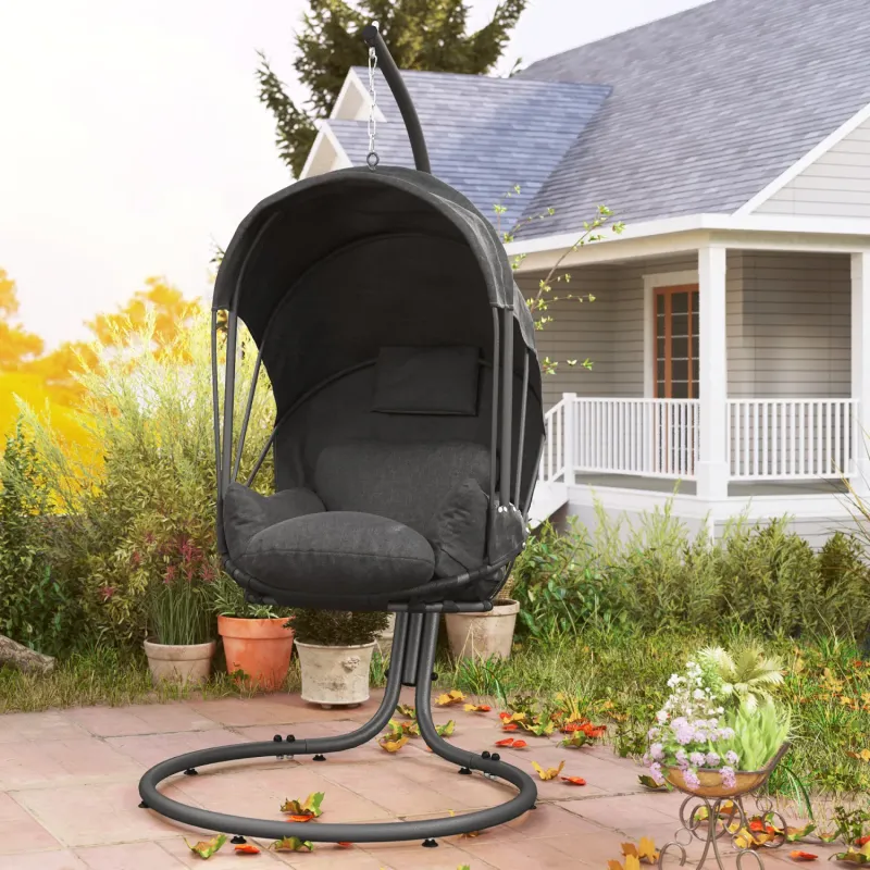 Hanging Egg Chair with Stand, Retractable Canopy and Folding Basket - Grey