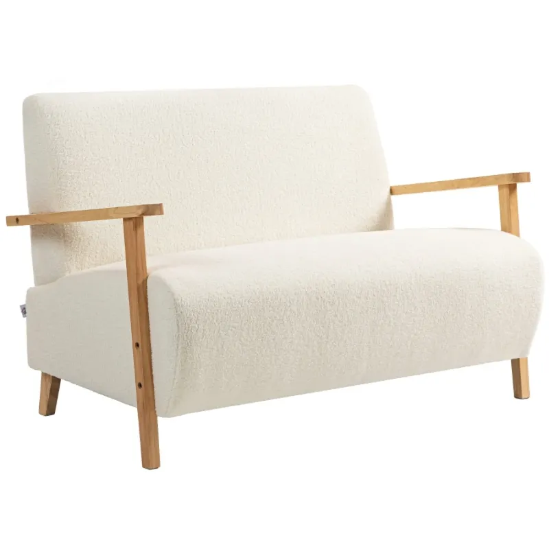Cream White Sherpa Fabric 2 Seater Sofa with Rubber Wood Legs