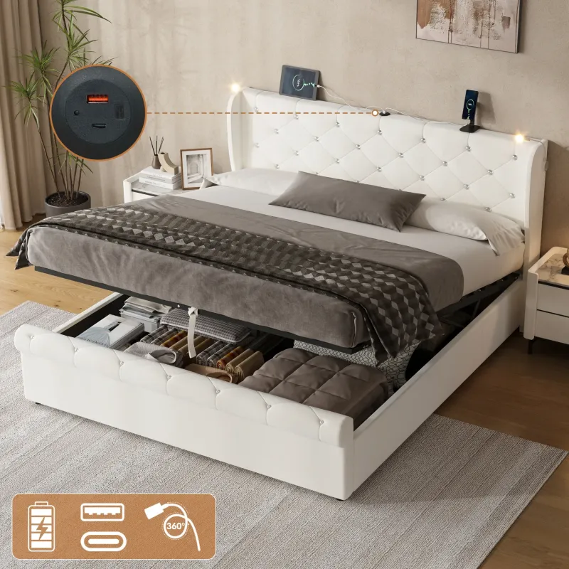 King Size Beige Velvet Ottoman Bed with USB Charging and Reading Lights