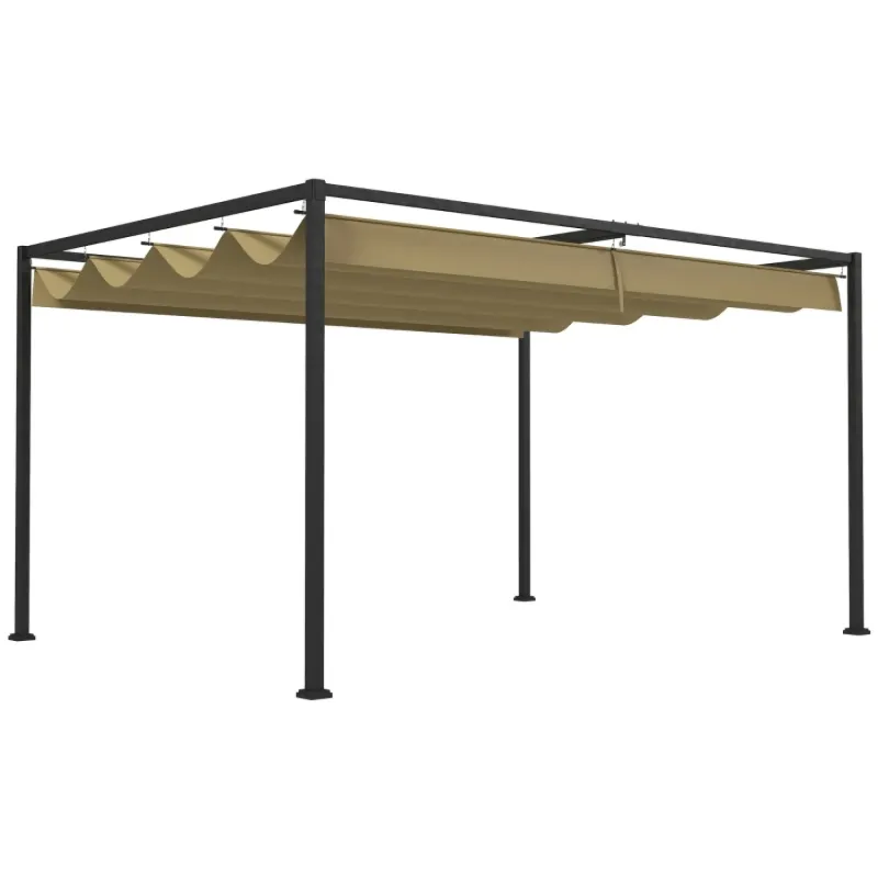 4m x 3m Metal Garden Pergola with Retractable Roof Canopy - Khaki