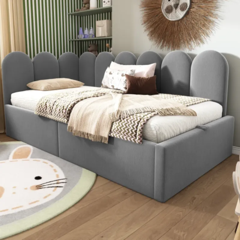 Velvet Daybed, Single, in Grey, with Hydraulic Storage