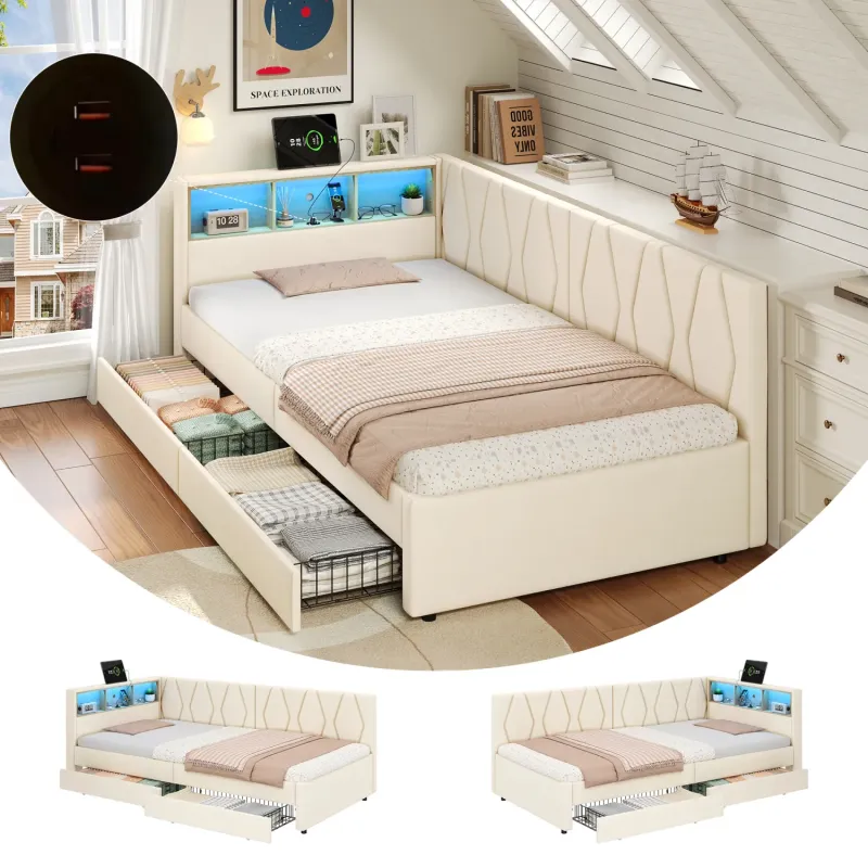 Single Upholstered Daybed with LED Lighting, Storage Drawers and Integrated Charging Station - Beige
