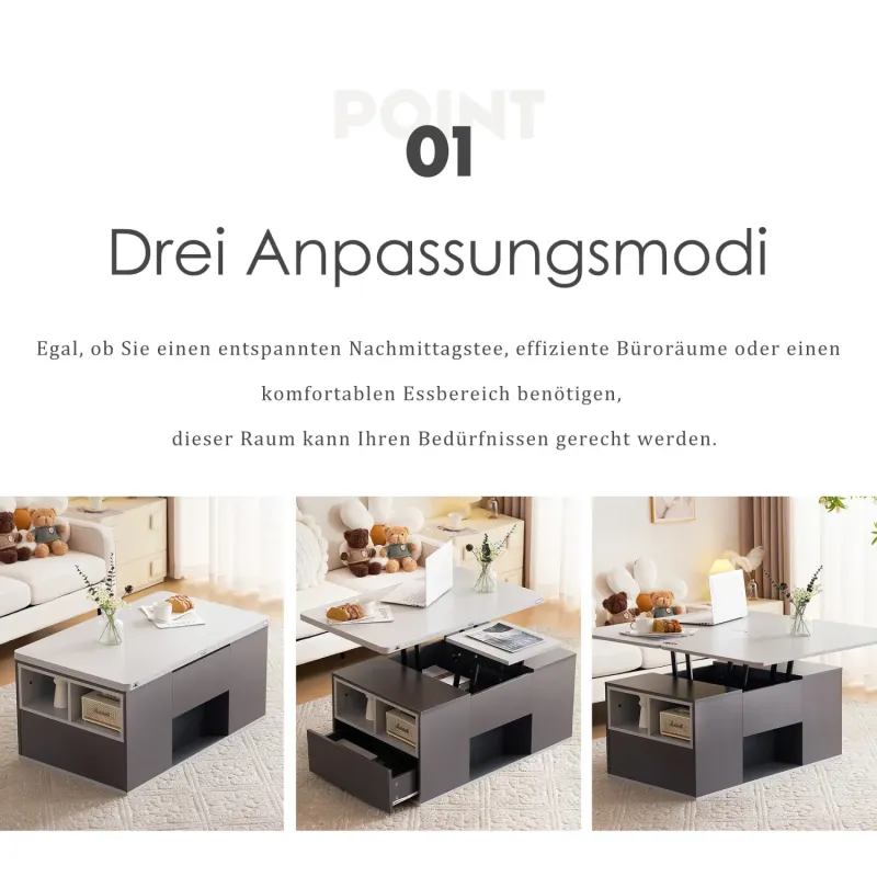 Grey Lift-Top Coffee Table with 2 Drawers and Folding Dining Surface