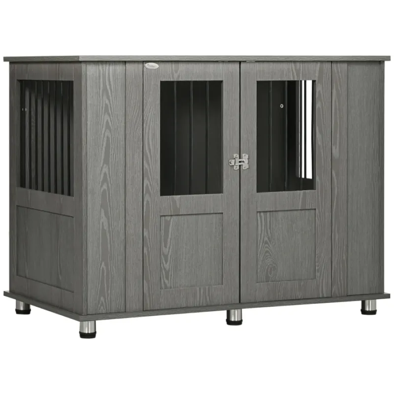 Grey Wooden Dog Crate Side Table for Medium and Large Dogs - 114 x 60 x 82 cm
