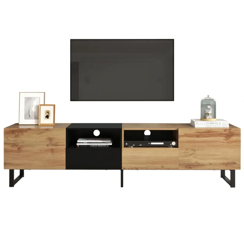 190cm Modern TV Stand - Black & Wood Effect Entertainment Unit with Drawers