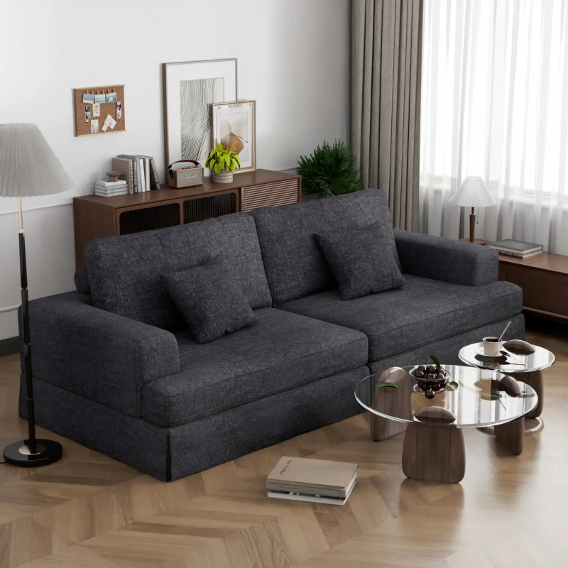 GreenForest 240cm Chenille Skirted Sofa with Square Armrests - Dark Grey