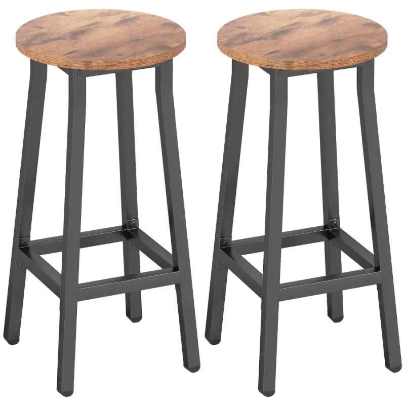  Set of 2 Industrial Round Bar Stools with Footrests, Rustic Brown