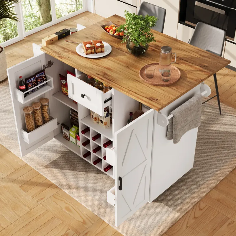 Modern Extendable Kitchen Island Trolley with Folding Tabletop and Storage