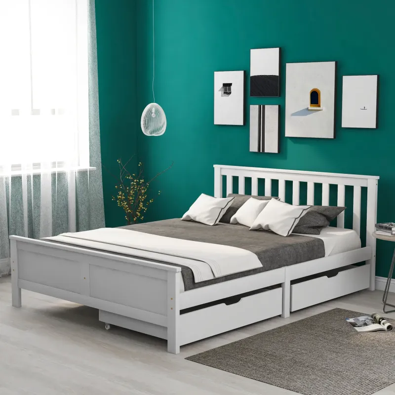 Solid Pine 4ft6 Double Storage Bed Frame with Drawers - White