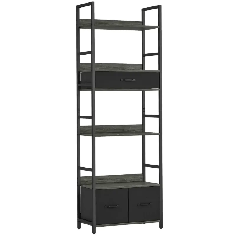  Industrial 4-Tier Bookcase with 3 Fabric Drawers - Rustic Wood Effect