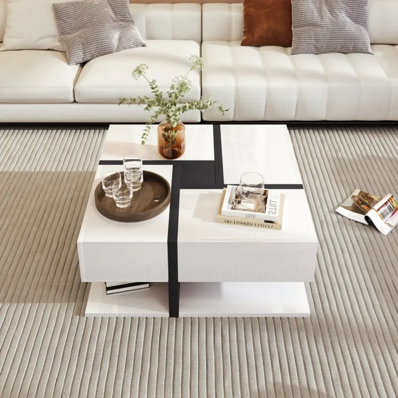 Modern 78cm Square Coffee Table with 4 Drawers - Black & White High Gloss Geometric Design
