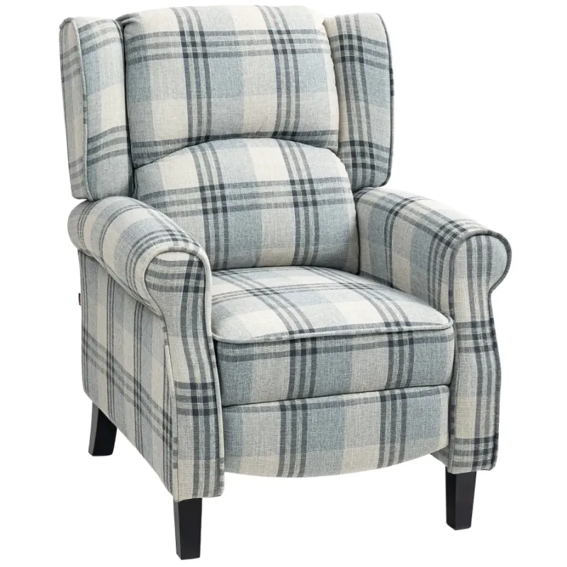 Grey Checked Linen-Look Reclining Armchair with Footrest