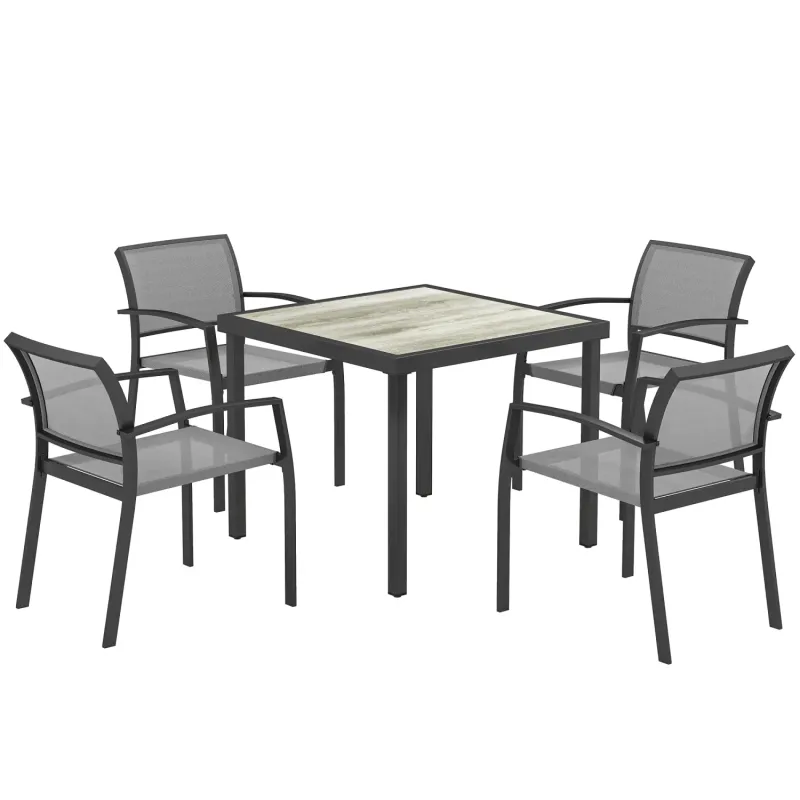 5-Piece Garden Dining Set with Wood-Effect Table and 4 Stackable Chairs - Grey