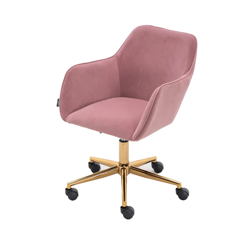 Pink Velvet Swivel Home Office Chair with Adjustable Height and Gold Legs
