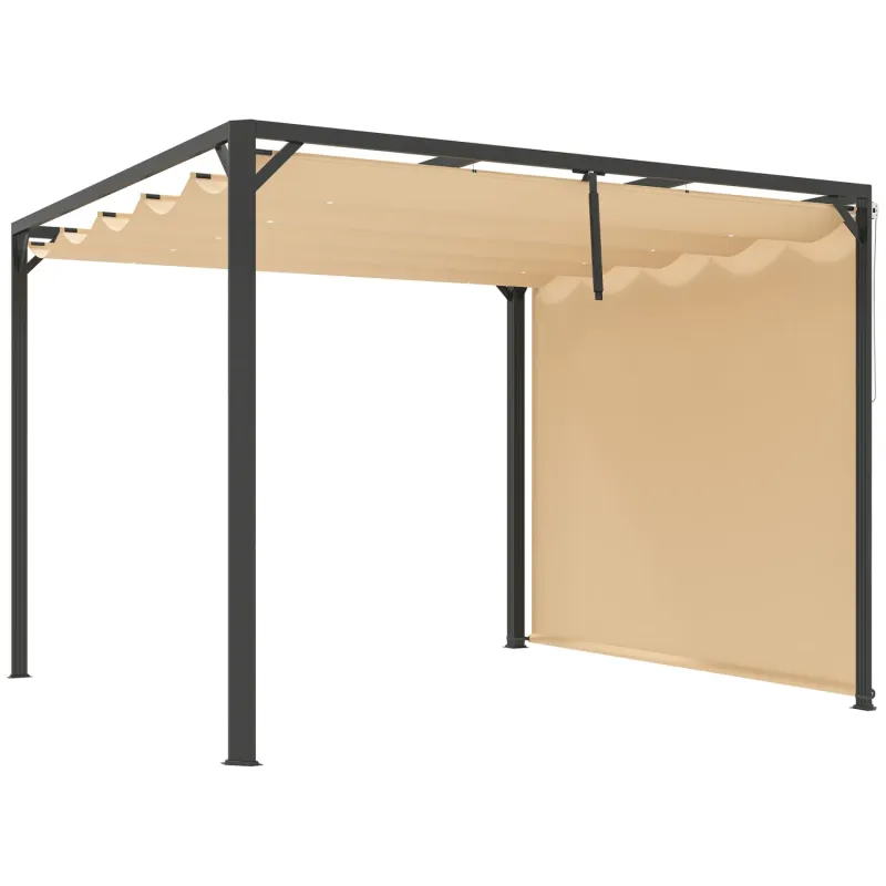 Outsunny 3m x 3m Aluminium Pergola with Retractable Canopy and Privacy Side Wall - Khaki