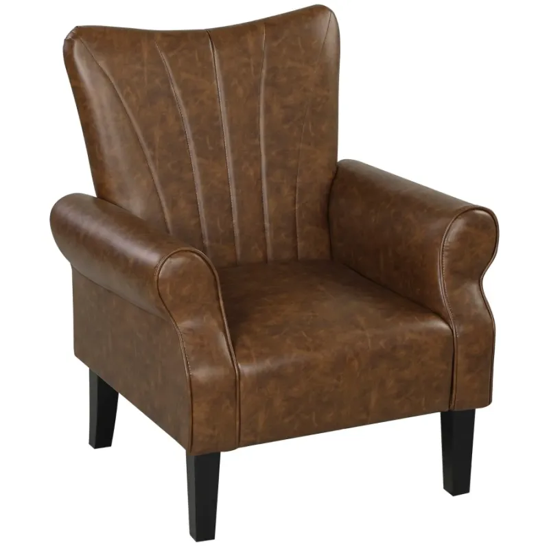 Brown PU Leather Wingback Armchair with Rolled Arms and Wooden Legs