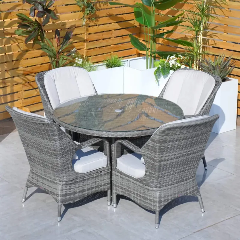 Palma Wicker Outdoor Dining Set, 4 Seater Set, in Grey, with a Round Table & Tempered Glass Top