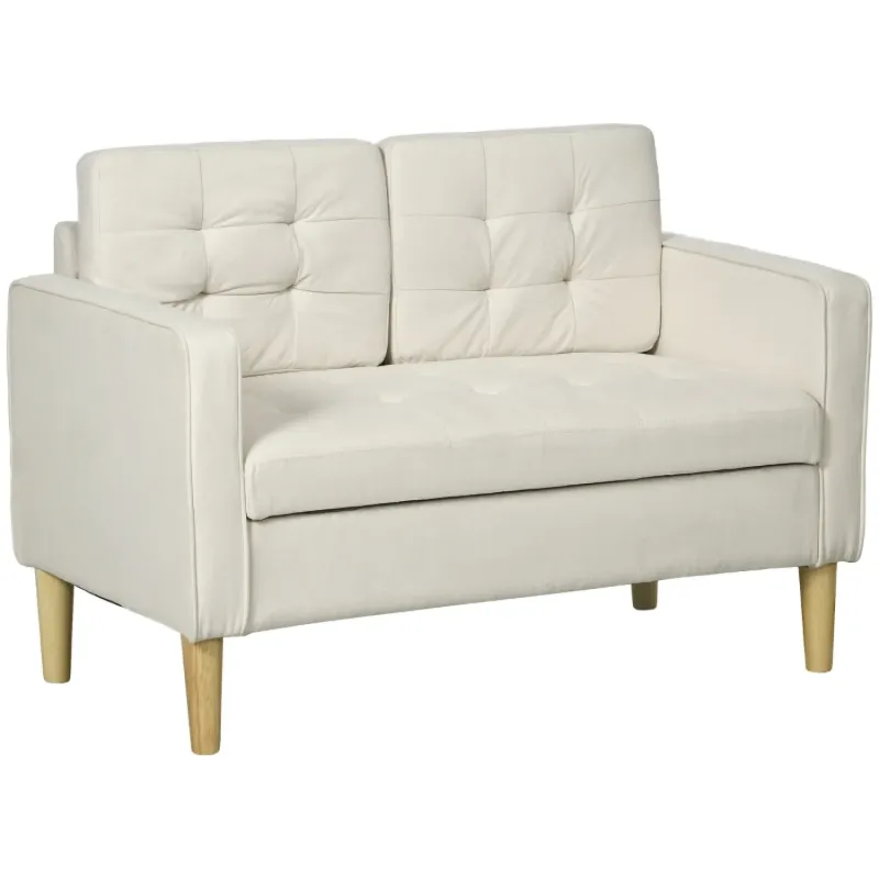 2-Seater Tufted Cotton Loveseat with Hidden Storage - Cream White