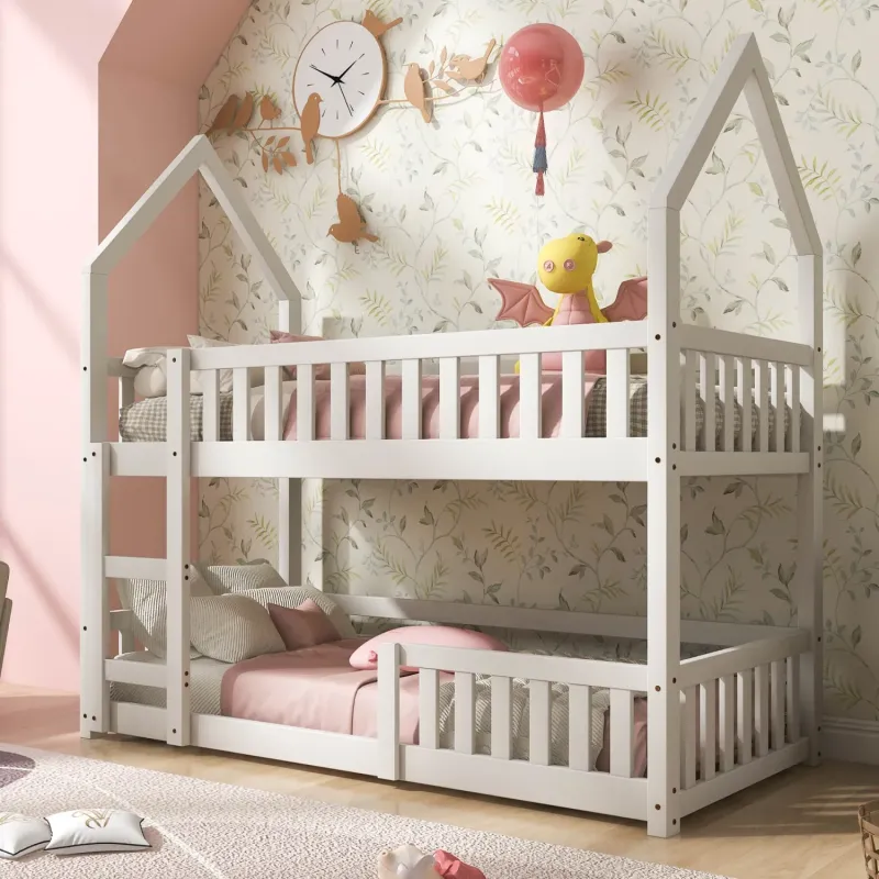 Castle-Shaped Solid Pine Wood Bunk Bed - White - 3ft Single