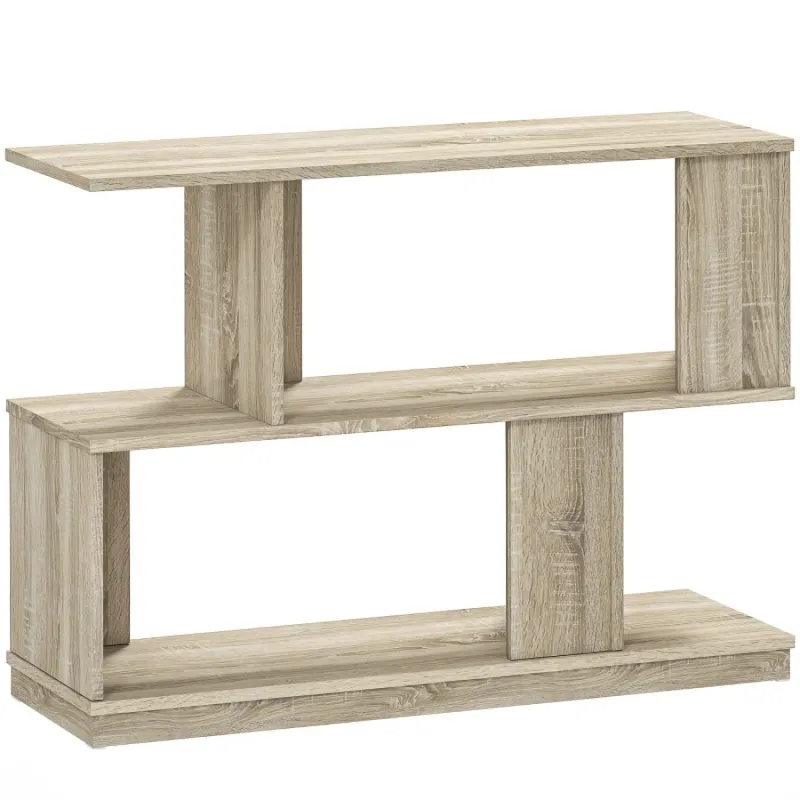 S-Shaped Side Table with 4 Storage Compartments - Natural Wood Finish