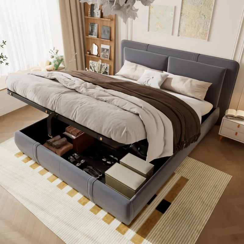 Grey Velvet Double Ottoman Bed with Removable Headboard