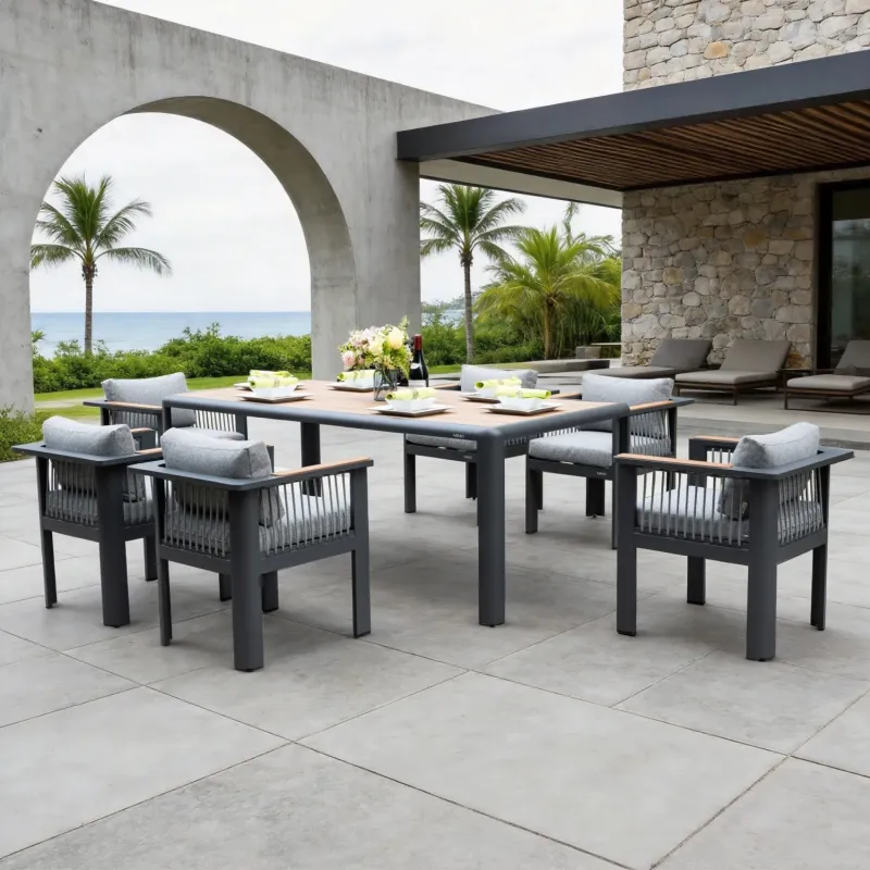 Talara 6-Seater Aluminium Garden Dining Set with Wood-Look Table