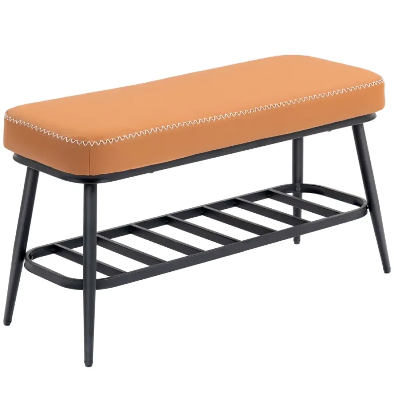 Industrial Padded Shoe Storage Bench with Brown PU Leather Seat