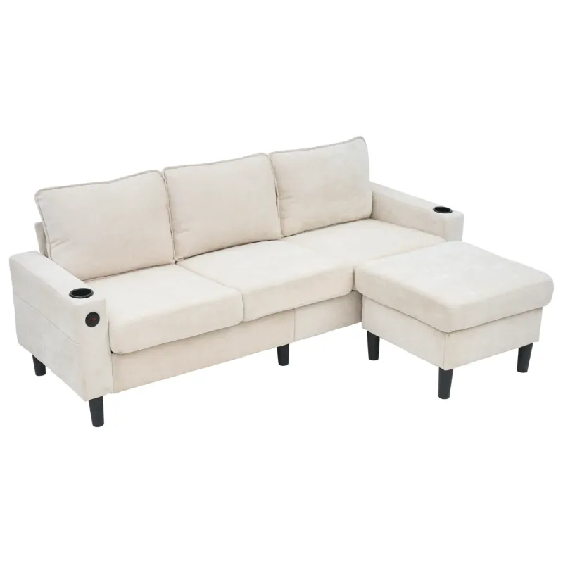 Beige 4-Seater L-Shaped Corner Sofa with Reversible Chaise, USB Charging and Cup Holders