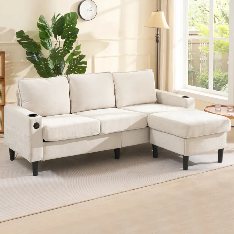 4-Seater L-Shaped Fabric Sofa with Reversible Storage Ottoman, USB & Cup Holders - Beige