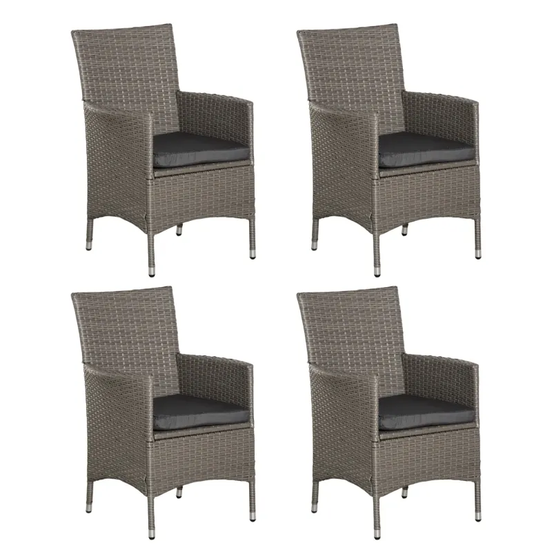  Set of 4 Grey Rattan Garden Armchairs with Padded Cushions