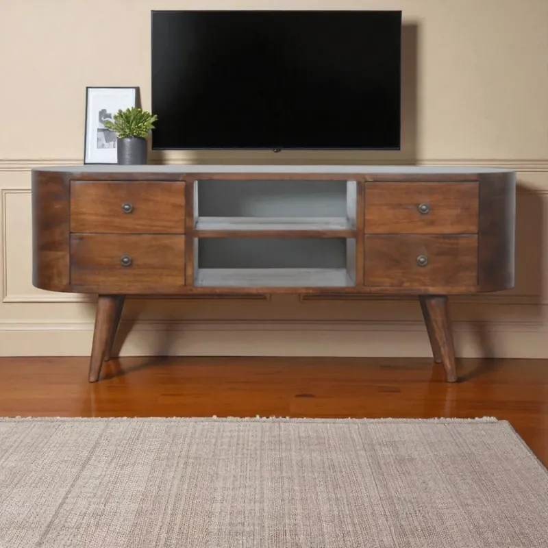Solid Mango Wood Rounded Entertainment Unit with 4 Drawers & 2 Media Shelves - Dark Brown Chestnut Finish