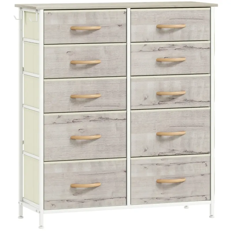 10 Drawer Fabric Chest of Drawers with Wood-Effect Top - Natural