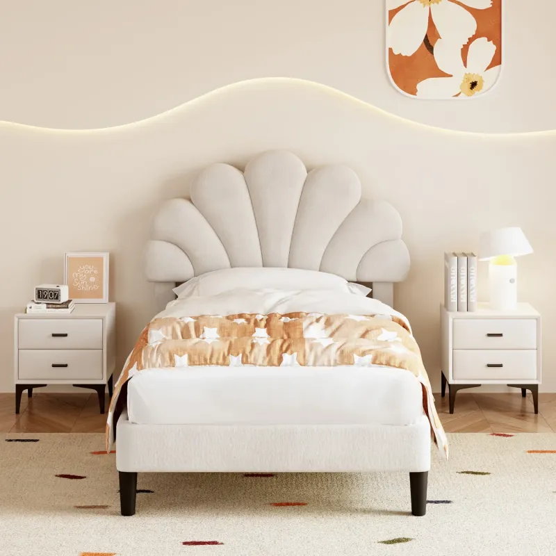Single Upholstered Velvet Bed Frame with Adjustable Petal Headboard - Beige