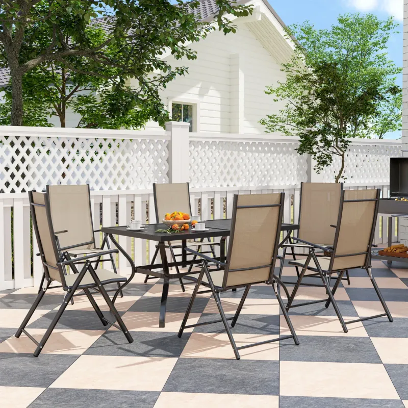  6 Seater Garden Dining Set with Folding Chairs and Parasol Hole - Khaki
