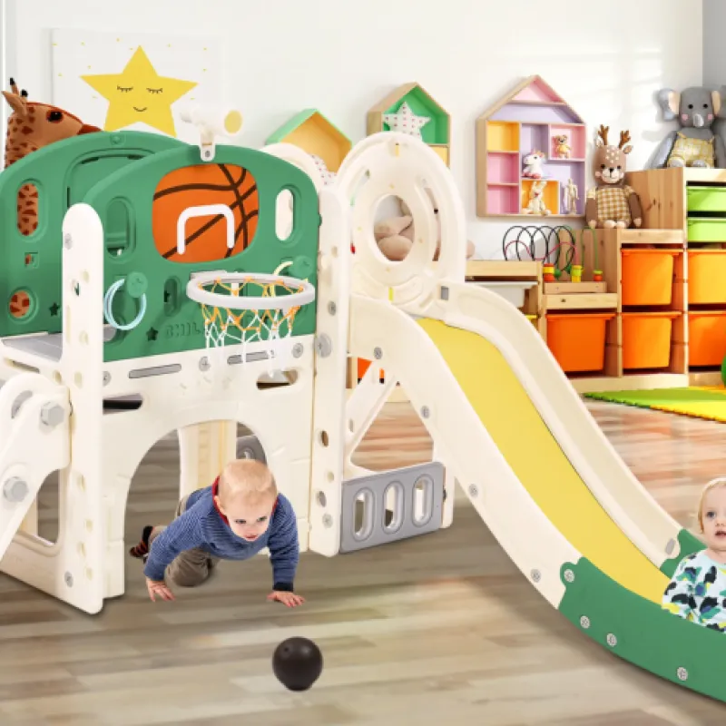 6-in-1 Toddler Activity Slide Playset with Basketball Hoop and Tunnel