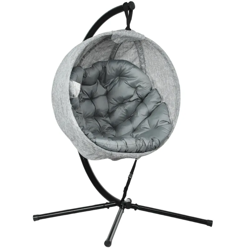  Hanging Egg Chair with Folding Basket, Stand and 13cm Cushion - Grey