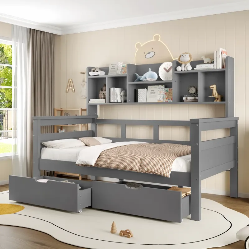 3ft Single Grey Wooden Bed Frame with Bookcase Headboard and Under-Bed Storage Drawers