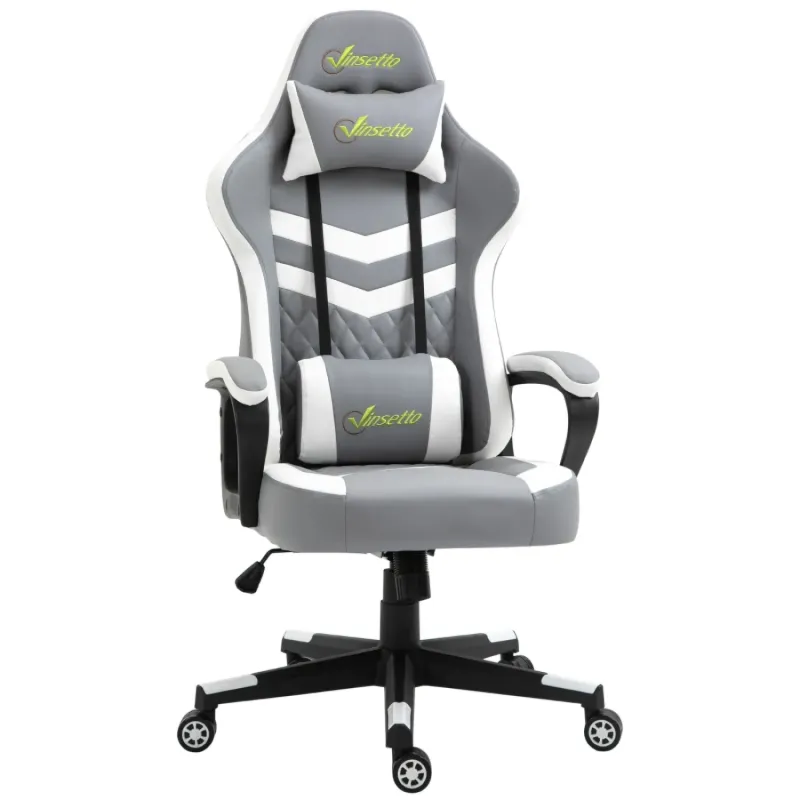 Ergonomic Faux Leather Racing Gaming Chair with Lumbar Support & Headrest - Grey and White