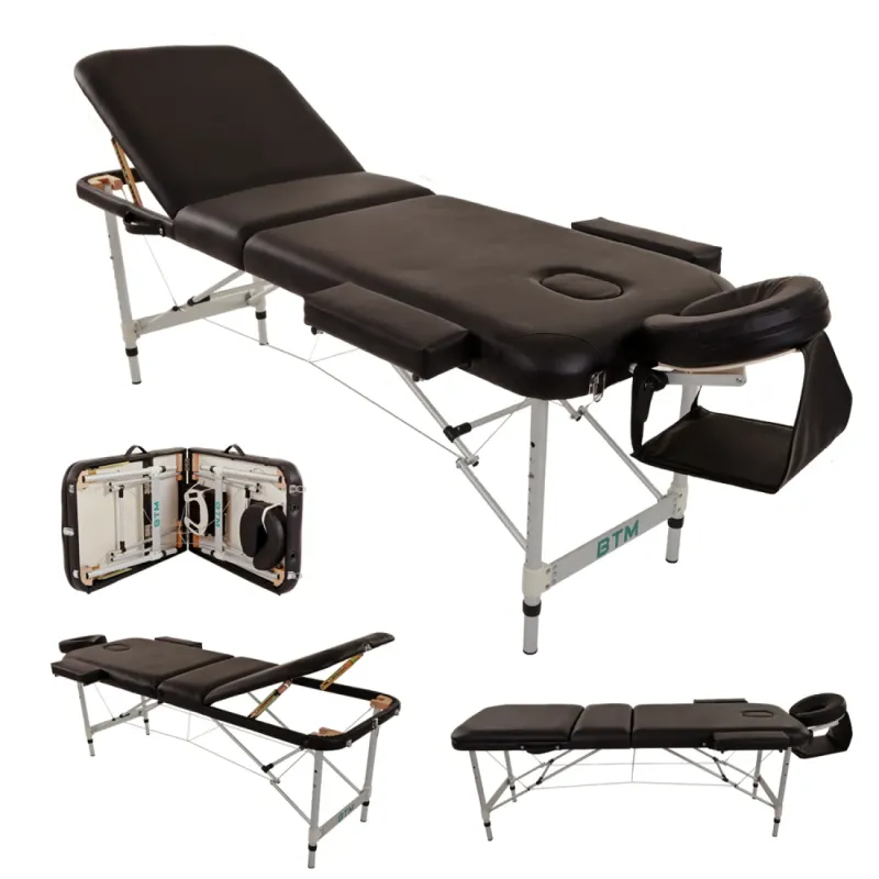 3-Section Portable Aluminium Massage Table - Adjustable Folding Therapy Couch with Carry Bag, Black