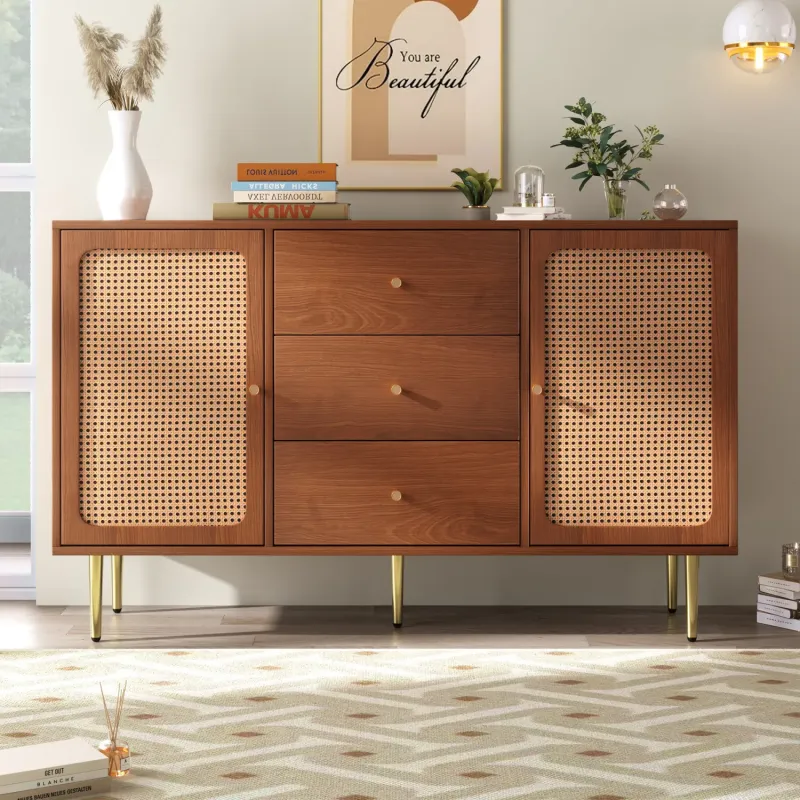 Walnut 6-Drawer Sideboard with Rattan Accents and Gold Handles