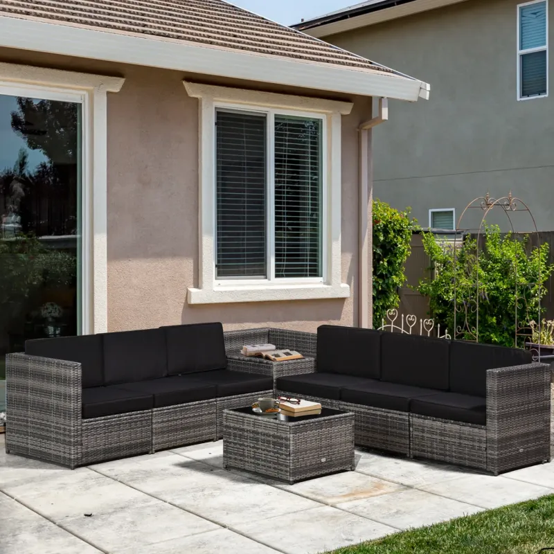  8-Piece Rattan Garden Sofa Set, 6-Seater Modular Outdoor Furniture with Hidden Storage - Grey