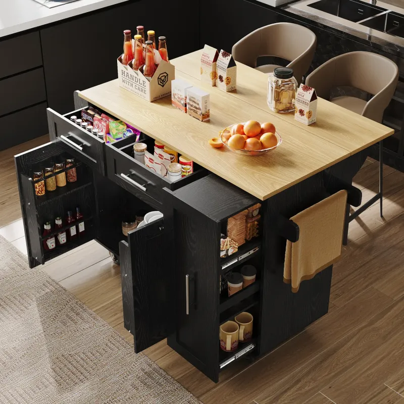 Modern Kitchen Island Cart with Folding Wood Grain Top and Storage - Black