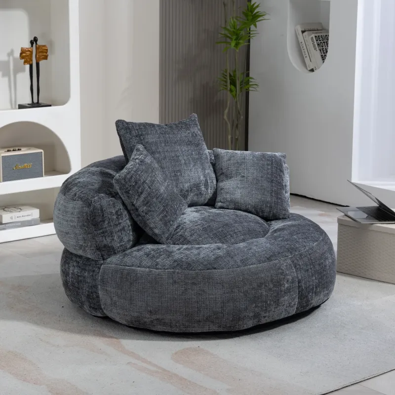 Luxury Grey Chenille Memory Foam Bean Bag Chair - High Back Lounger with Cushions