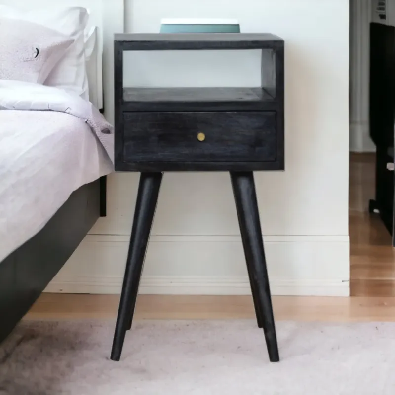 Ash Black Solid Wood Mini Bedside Table with Drawer and Open Slot